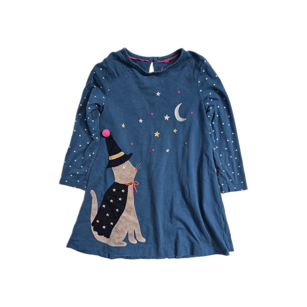 Mini Boden Halloween Cat Witch Dress 5-6 Blue Long Sleeves Girls